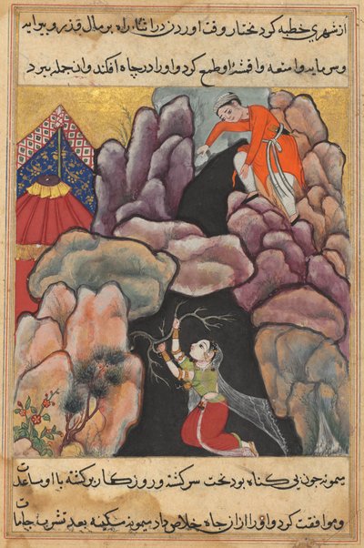 Page from Tales of a Parrot Tuti-nama: Twenty-fifth night: Mukhtar throws his wife by Unbekannt