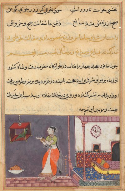 Page from Tales of a Parrot Tuti-nama: Twenty-fifth Night: The Parrot Addresses Khujasta by Unbekannt