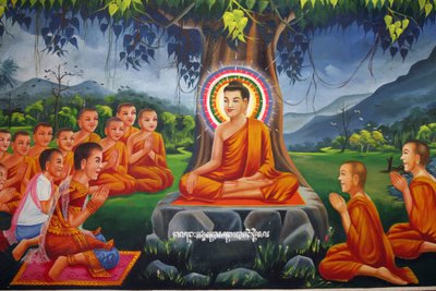 Painting Depicting Buddha Teaching Under a Tree, with King Bimbisara in Rajagaha, Udong, Cambodia by Unbekannt