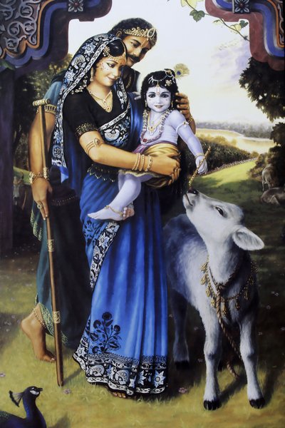 Hindu God Krishna as a Baby with His Foster Parents Yashoda & Nanda, India by Unbekannt