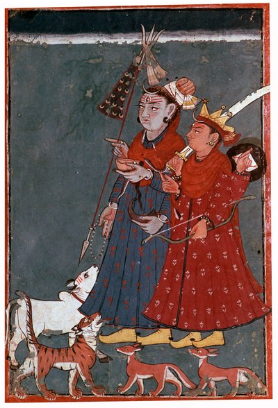 Painting of the Gods Siva and Krishna Accompanied by a Bull, Tiger, and Jackals by Unbekannt