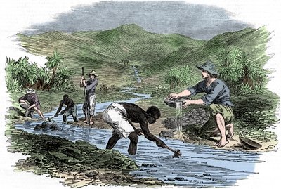 Panning for gold during the Californian Gold Rush of 1849 by Unbekannt