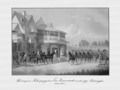Parade of the Chevalier Guard regiment at the Cottage Palace in the Alexandria Park in Peterhof by Unbekannt