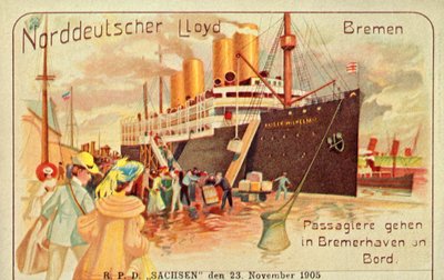 Passengers board the giant SS Kaiser Wilhelm II in Bremerhaven, 1905 by Unbekannt