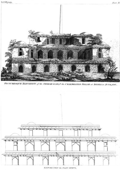 Picturesque Elevation of the Shikar Gah and the Celebrated Pillar at Delhi by Unbekannt
