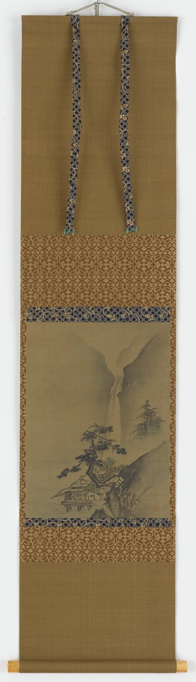 Pine trees and waterfall by Unbekannt