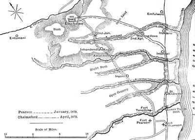 Plan of the Marches of Pearson Jan., 1879 and of Chelmsford April, 1879 to Etschowe, c1880 by Unbekannt