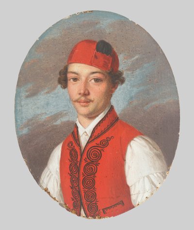 Portrait of a Young Man in a Red Vest and Dalmatian Cap by Unbekannt