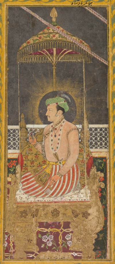 Posthumous portrait of Emperor Jahangir under a canopy recto, Calligraphy verso by Unbekannt
