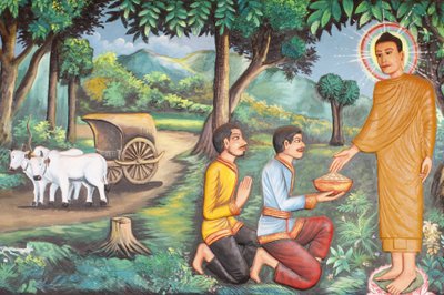 Preah Prom Rath Monastery: Life of the Buddha: Siddhartha Gautama Received Food Given by Two Brahmans by Unbekannt