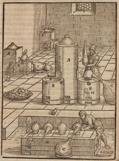 Preparation of Liquids Used to Extract Silver Ore from Gold Ore - Engraving from Description of Ores and Principal Mining Methods, by Lazarus Ecker by Unbekannt