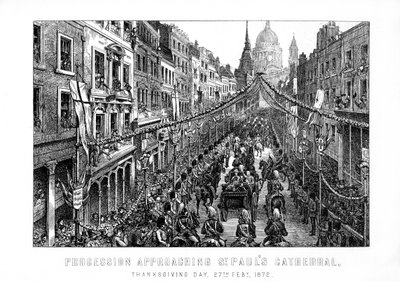 Procession approaching St Pauls Cathedral, Thanksgiving Day, 27 February by Unbekannt