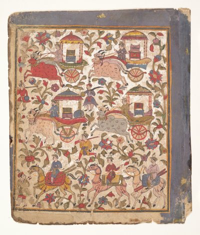 Procession of Carriages Carrying Booty from a Dispersed Bhagavata Purana Manuscript by Unbekannt