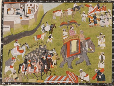 Procession of a Raja on elephant with armed escort and retainers, late 19th century by Unbekannt