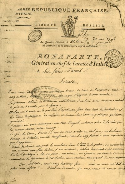 Proclamation by Napoleon to His Brothers in Arms, 20 May 1796 by Unbekannt