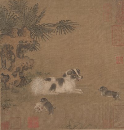 Puppies Playing beside a Palm Tree and Garden Rock, 15th century by Unbekannt