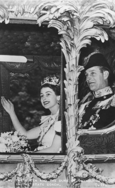 Queen Elizabeth II and Duke of Edinburgh in the State Coach, The Coronation by Unbekannt
