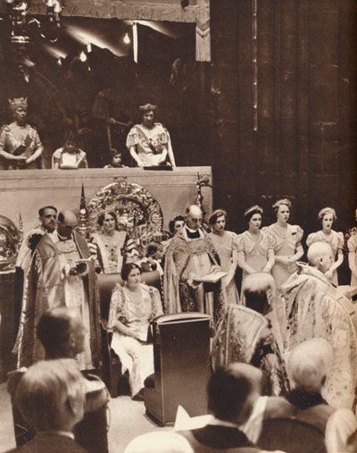 Queen Elizabeth looks on as her husband is crowned on the day of his coronation by Unbekannt