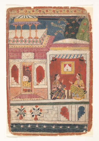 Radha and Her Confidant Sit in an Open Room: Page from a Dispersed Rasikapriya by Unbekannt
