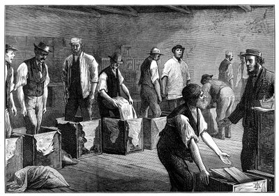 Refilling chests in a tea warehouse by Unbekannt