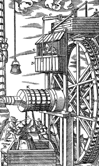 Reversible hoist for raising leather buckets from a mine shaft by Unbekannt