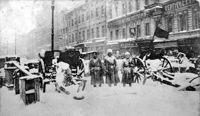 Revolutionary barricades on Liteyny Prospekt, Petrograd, Russia, 27 February 1917 by Unbekannt