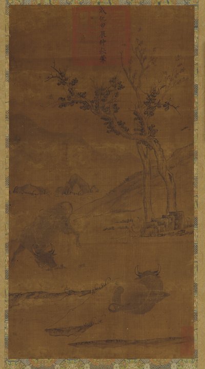 River Landscape: Two Water Buffaloes and a Napping Herd-boy by Unbekannt