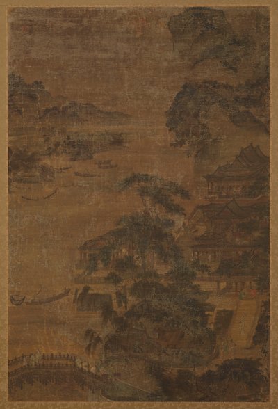 River Landscape: Mountains, Pine-Trees, and Buildings by Unbekannt