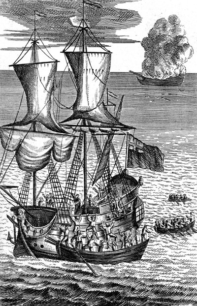 Robinson Crusoe Saves the Crew of a Ship on Fire at Sea, c1719 by Unbekannt