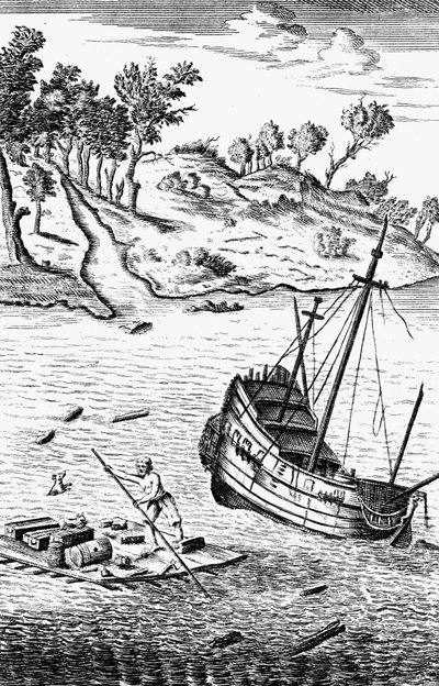 Robinson Crusoe Saving His Goods out of the Wreck of the Ship, c1719 by Unbekannt