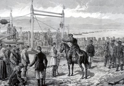 Russian convicts under military escort waiting to be ferried across the river Yenisei, Siberia by Unbekannt