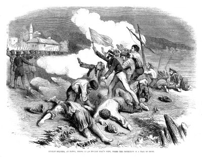 Russian soldiers firing on an English boat
