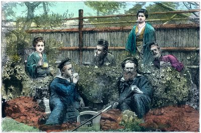 Sailors of HMS Challenger having tea at a tea house near Yokohama, Japan, 1888 by Unbekannt
