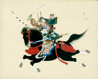 Samurai Warrior riding a horse. A Japanese painting on silk, in a traditional Japanese style by Unbekannt