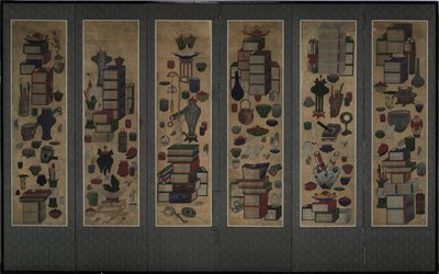 Scholars books and utensils Chaekkori. Six-section folding screen, Mid 19th century by Unbekannt