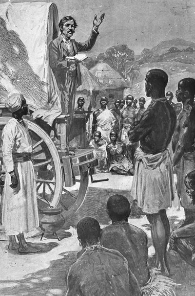 Scottish explorer and missionary David Livingstone preaching from a wagon, Africa, 19th century by Unbekannt