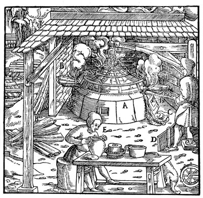 Separating lead from silver or gold in a cupellation furnace, 1556 by Unbekannt