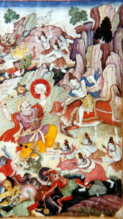 Siva Destroys the Demon and Haka, Harivamsa manuscript, Mughal School by Unbekannt
