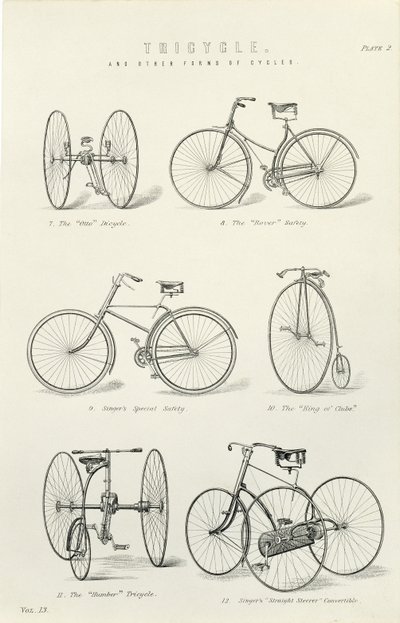 Six Early Forms of Bicycles and Tricycles, 19th Century by Unbekannt