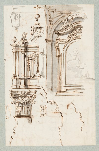 Sketches of an Altar, a Chapel Section, a Capital and Profiles of Cornices by Unbekannt