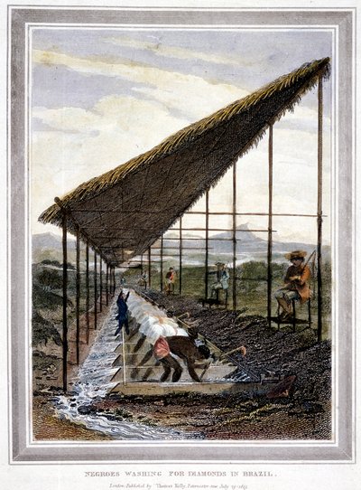 Slaves washing for diamonds watched over by supervisors with whips, Brazil, 1815 by Unbekannt