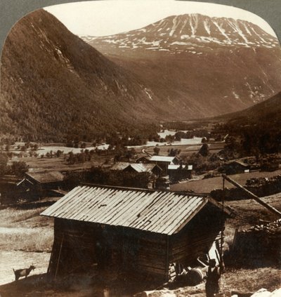 Snowy Heights of Mt. Gausta Above Quiet Homes in Maan Valley, Norway, c1905 by Unbekannt