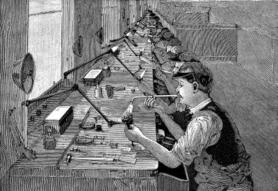 Soldering Bicycle Parts in an American Factory, c1900 by Unbekannt