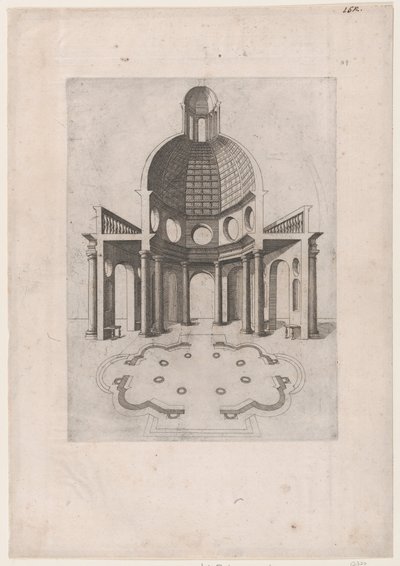 Speculum Romanae Magnificentiae: Interior and ground plan of an octagonal temple, 16th century by Unbekannt