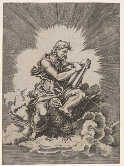 St. John, seated and holding a writing instrument to a tablet, an eagle with outstretched wings by Unbekannt