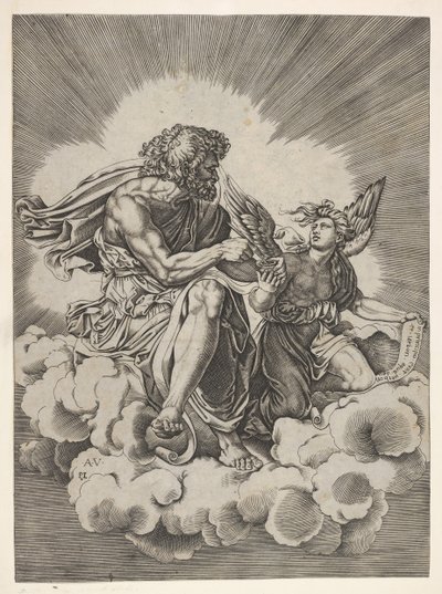 St. Matthew, seated on a cloud with legs crossed and dipping a quill into an inkwell by Unbekannt