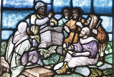 Stained Glass: Abraham Studying the Torah with the People of Israel, Budapest, Hungary by Unbekannt
