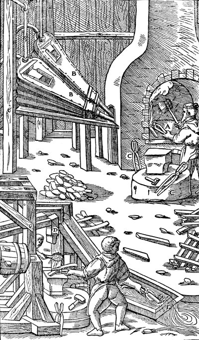 Steel production: a forge with bellows to produce draught by Unbekannt