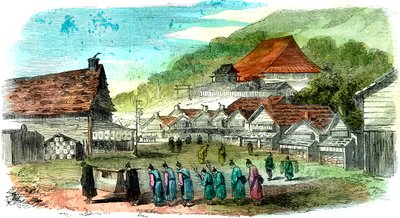 Street in Hakodate, and Funeral Procession, Japan, 1856 by Unbekannt