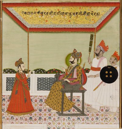 Surat Singh Sits on a Lion-Armed Throne and Receives His Young Son, c1800 by Unbekannt